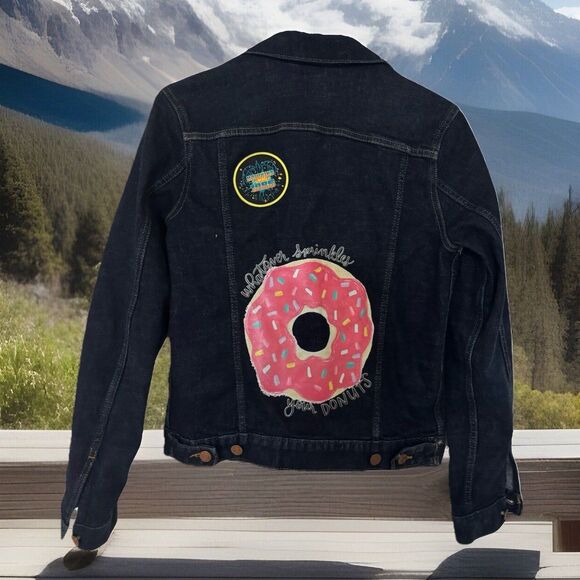 Y2K Gap Collection Womens Denim Jeans Jacket embellished Pink Donut Sequins S - Picture 1 of 6